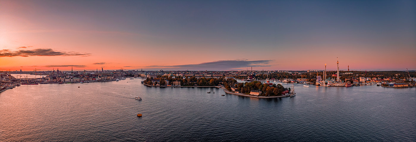 Gamla Stan, Skeppsholmen, Gröna Lund, Baltic Sea from above.