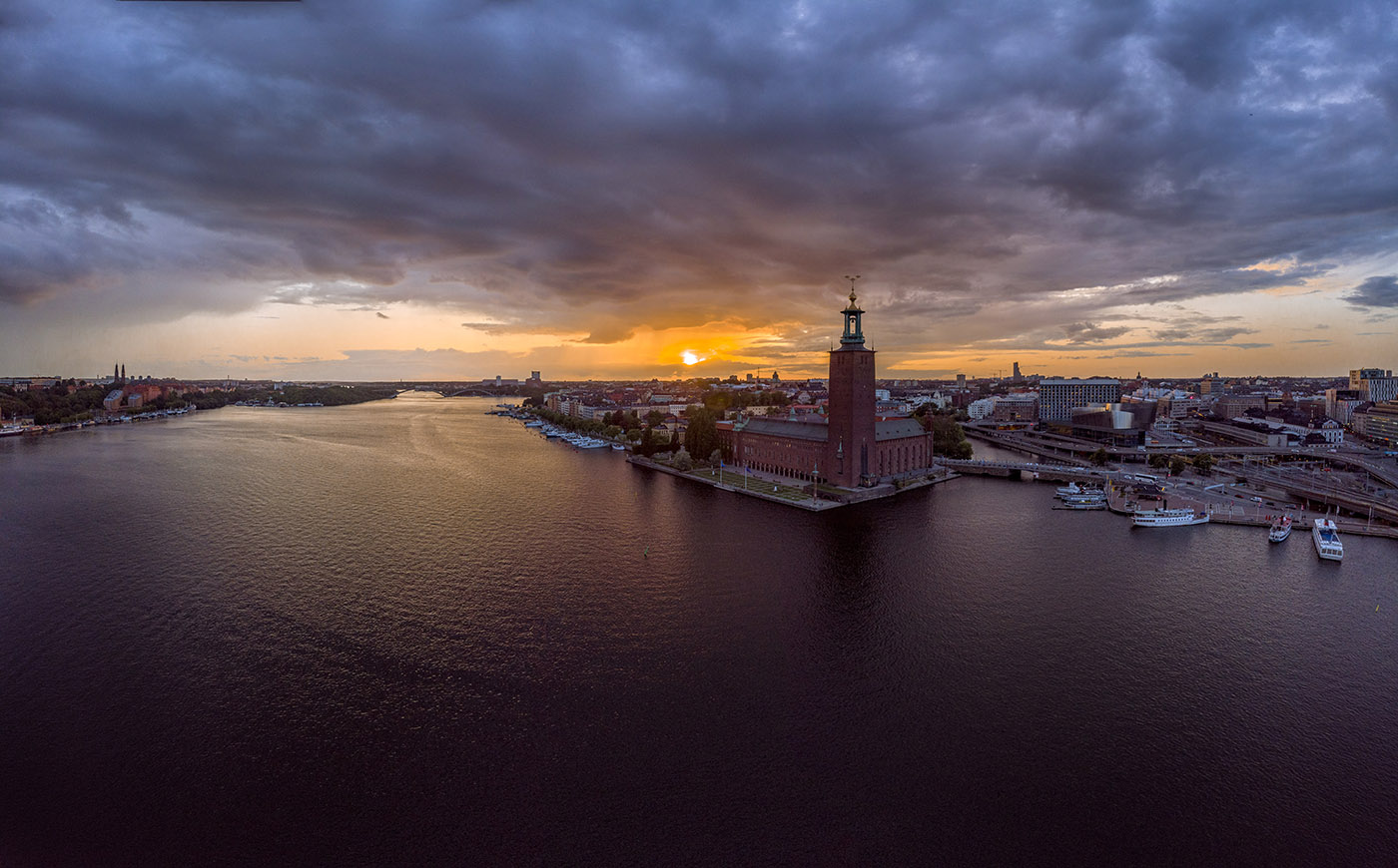 Stockholms City Hall. Rainy Sunset from above. DJI Mavic Air.